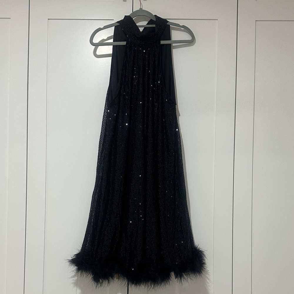 Elegant Black Dress with Feather Trim and sequins